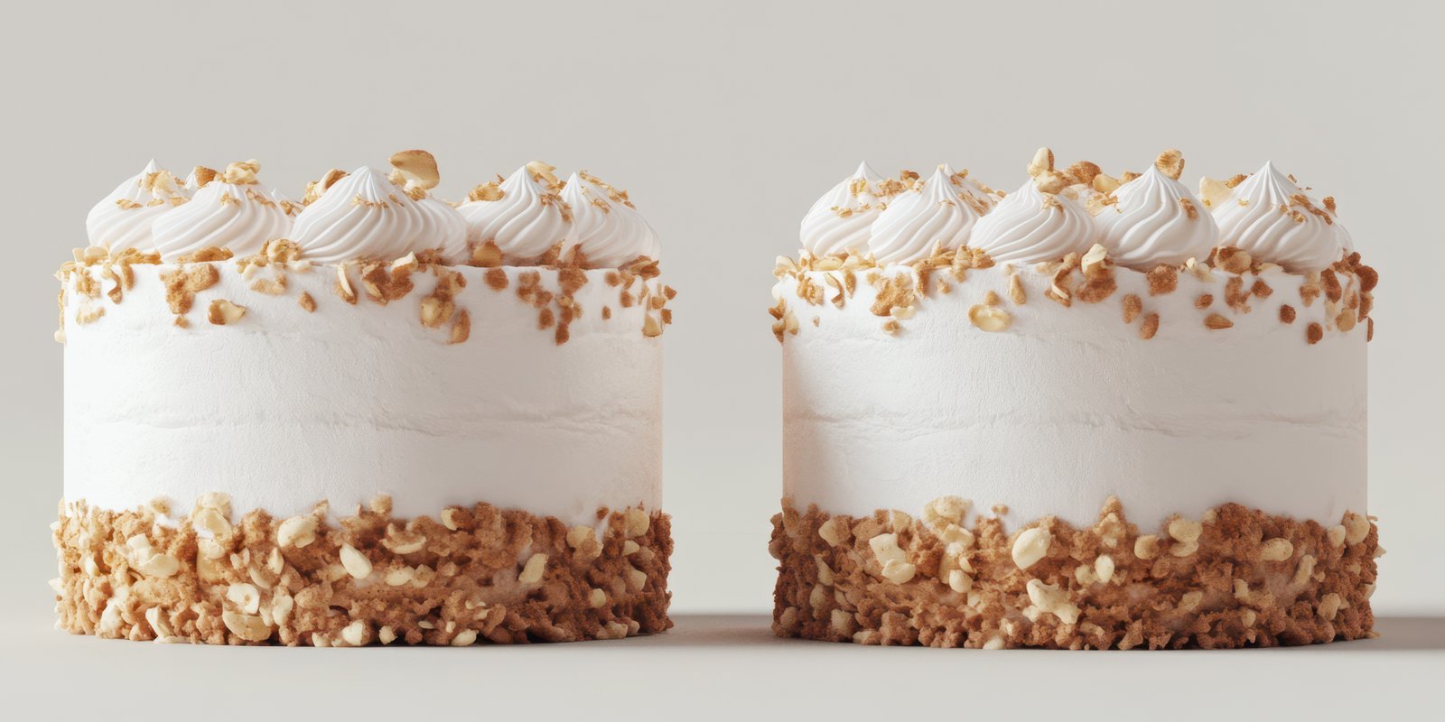 Delicious layered cake with creamy frosting and crunchy topping on display
